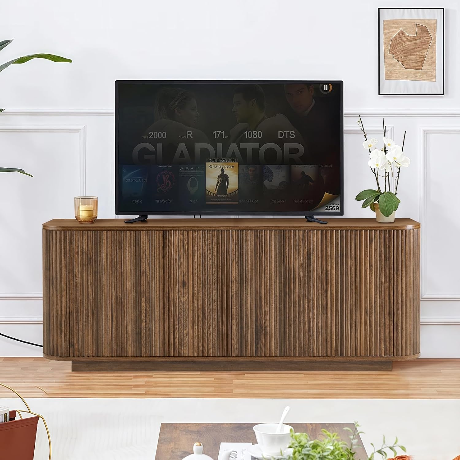 64 Inch Curved Walnut Contemporary Buffet Sideboard