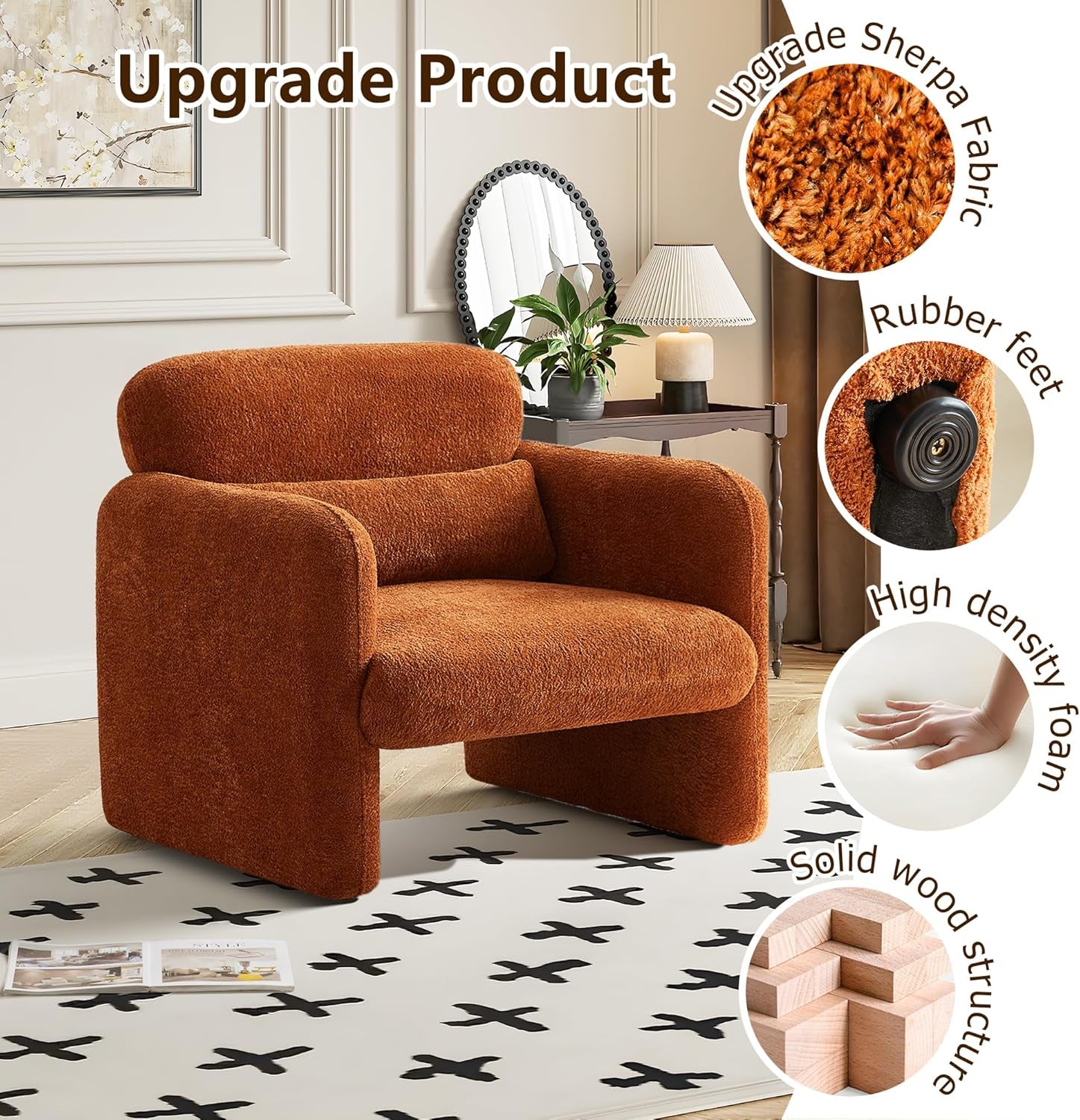 Modern Sherpa Upholstered Armchair in Burnt Orange