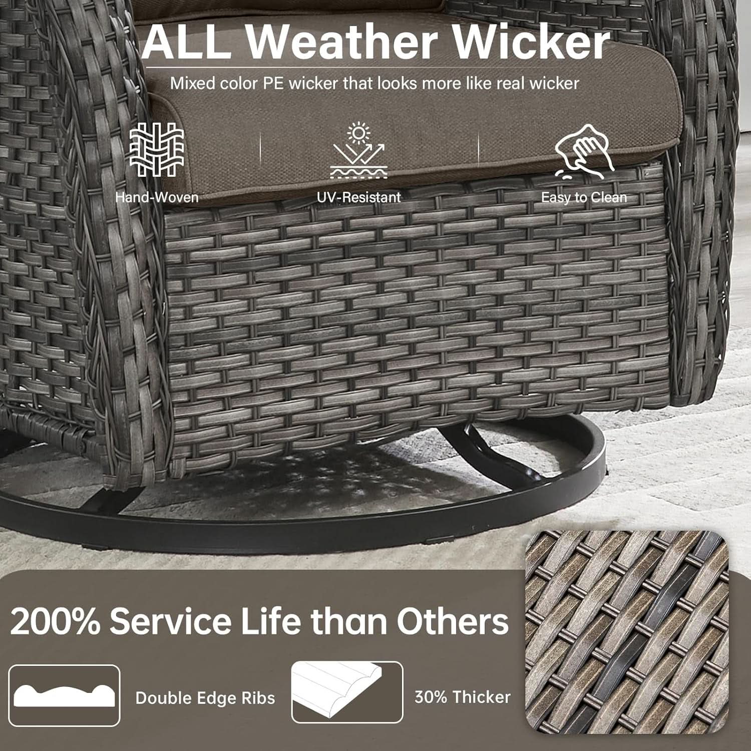 8-Piece Outdoor Wicker Lounge Set with Swivel Chairs, Ottomans, Tables - Gray