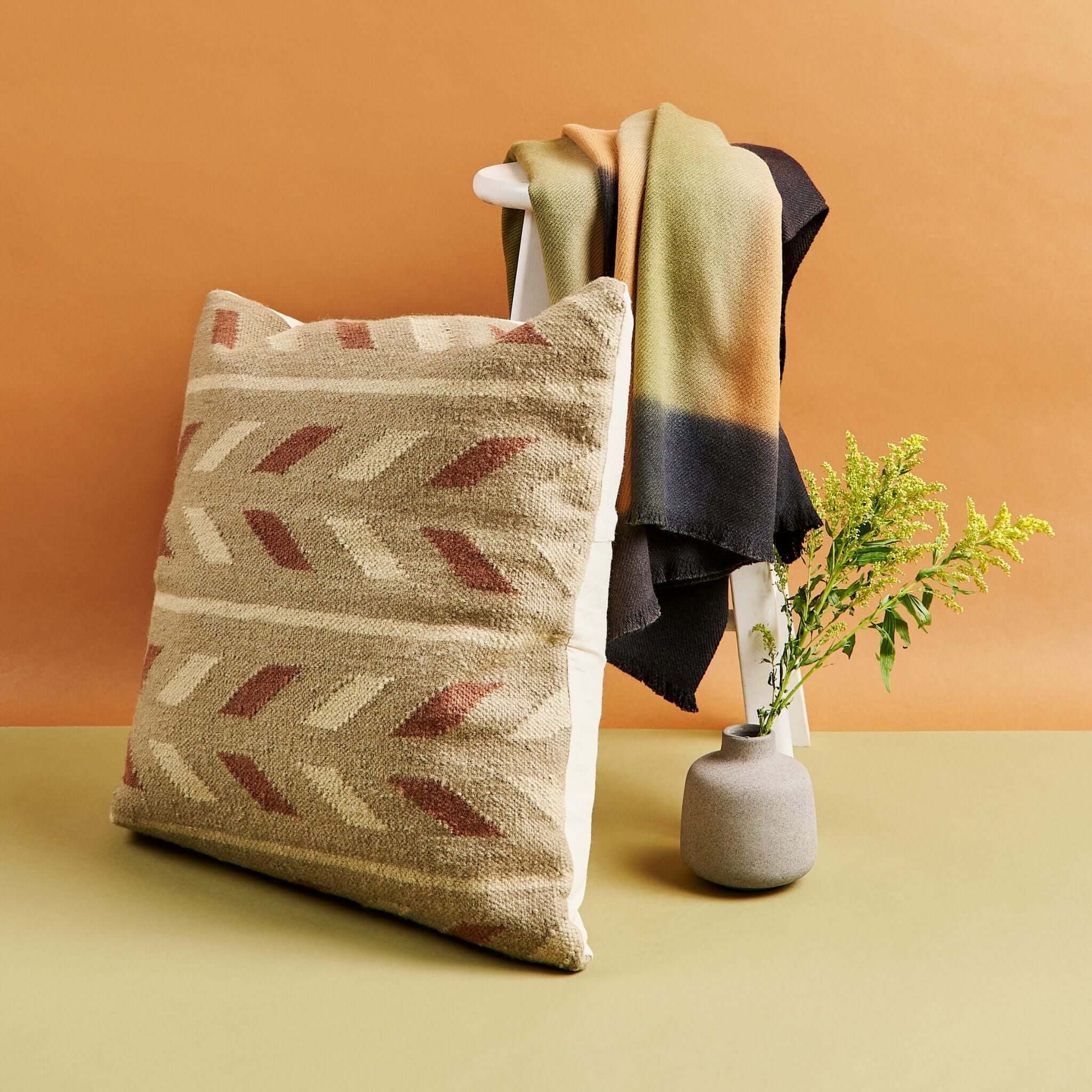 Ero Green Brown Geometric Pattern Hand-woven Jute Cotton Large Pillow