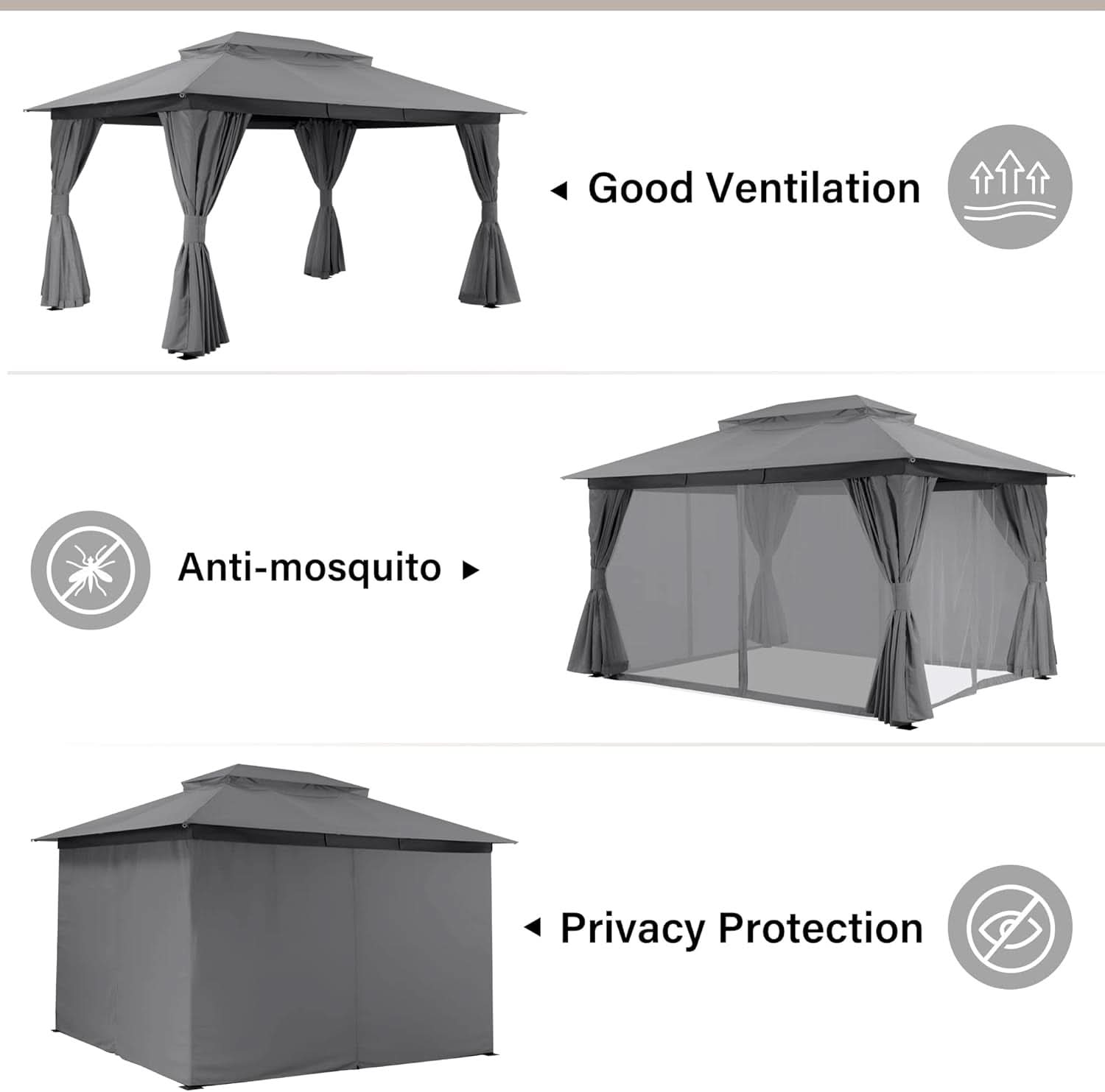 10 x 13 ft Outdoor Gazebo With Mosquito Netting - Gray