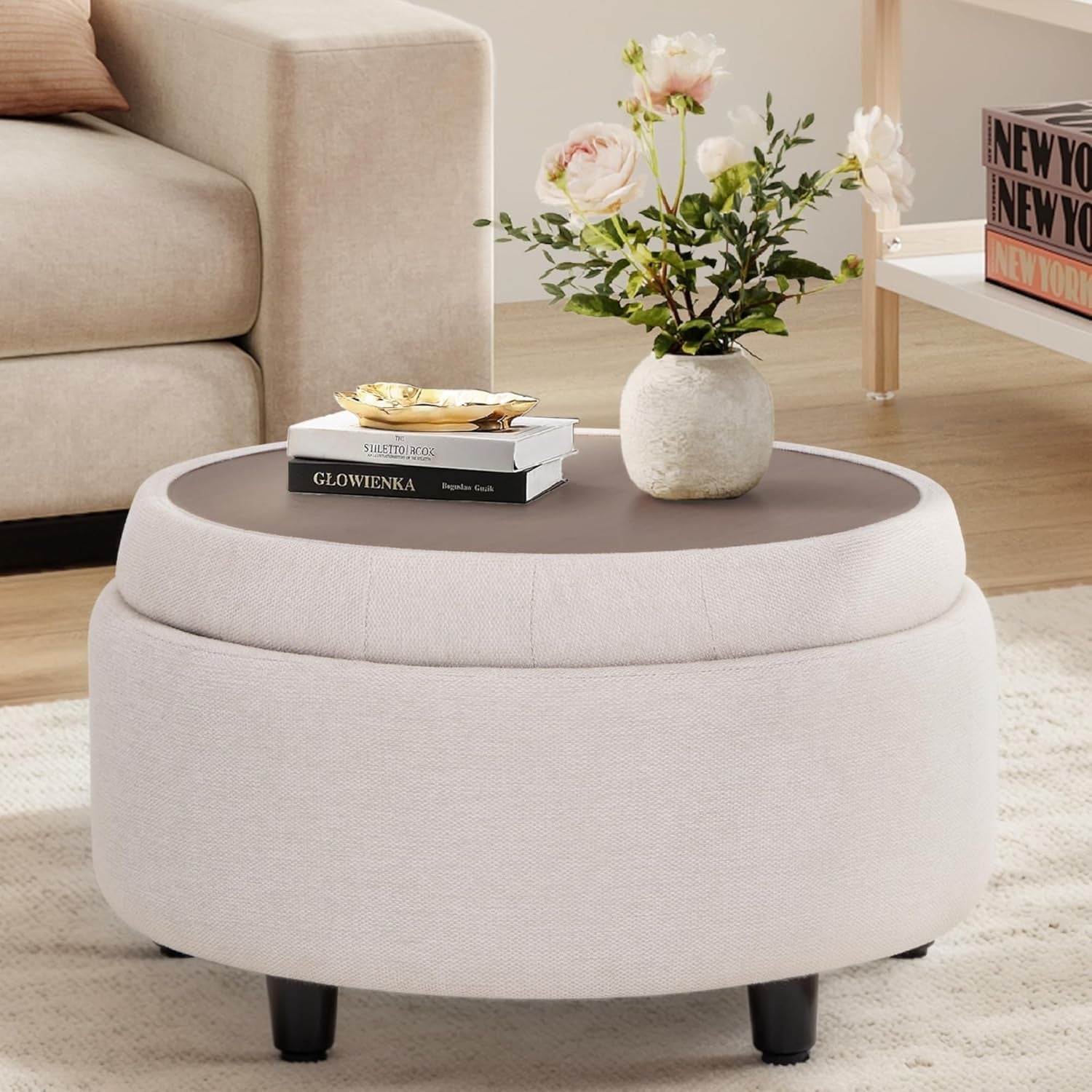 Beige Storage Ottoman With Tray