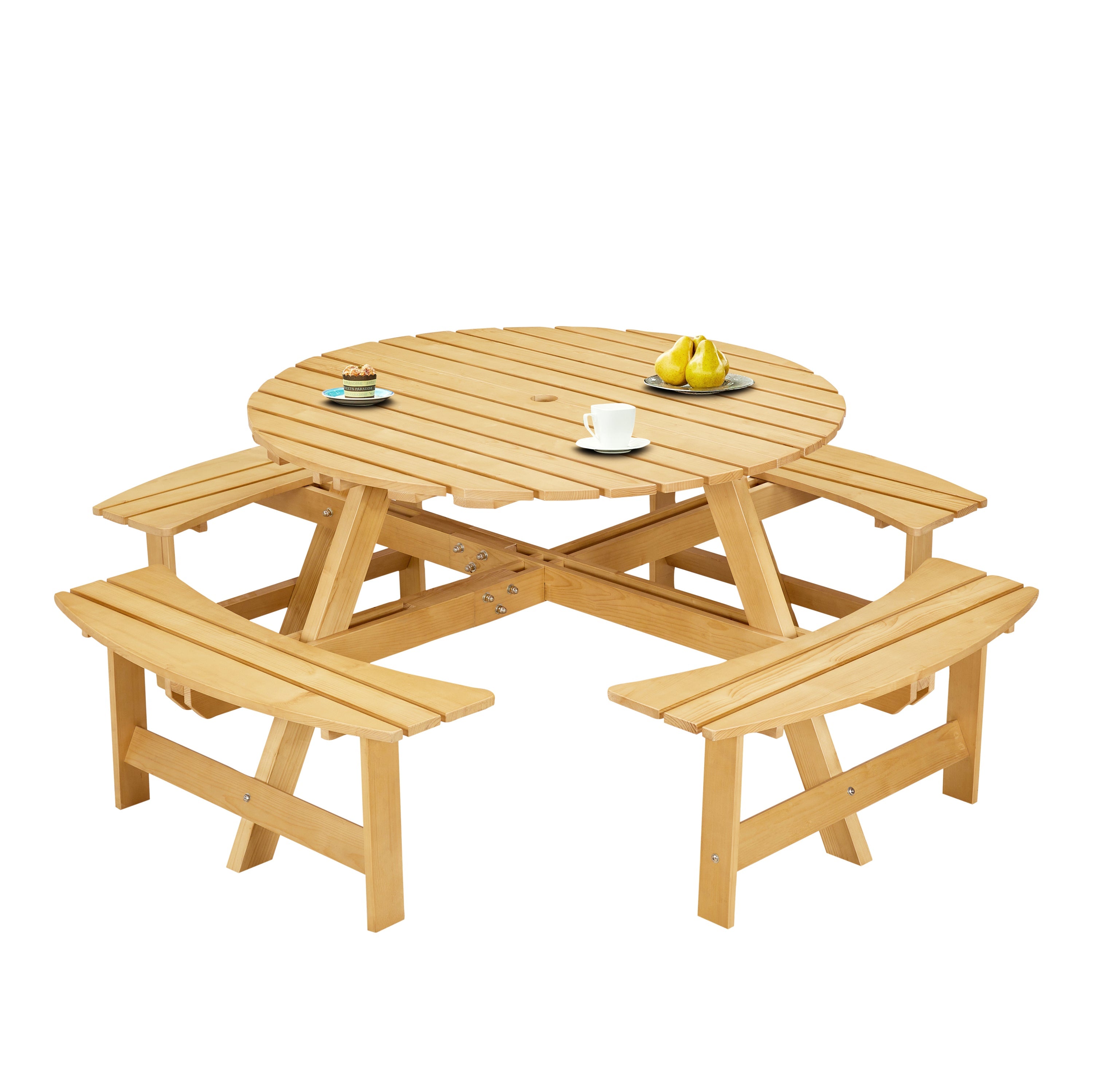 8-Person Round Picnic Table with 4 Built-in Benches - Natural Finish