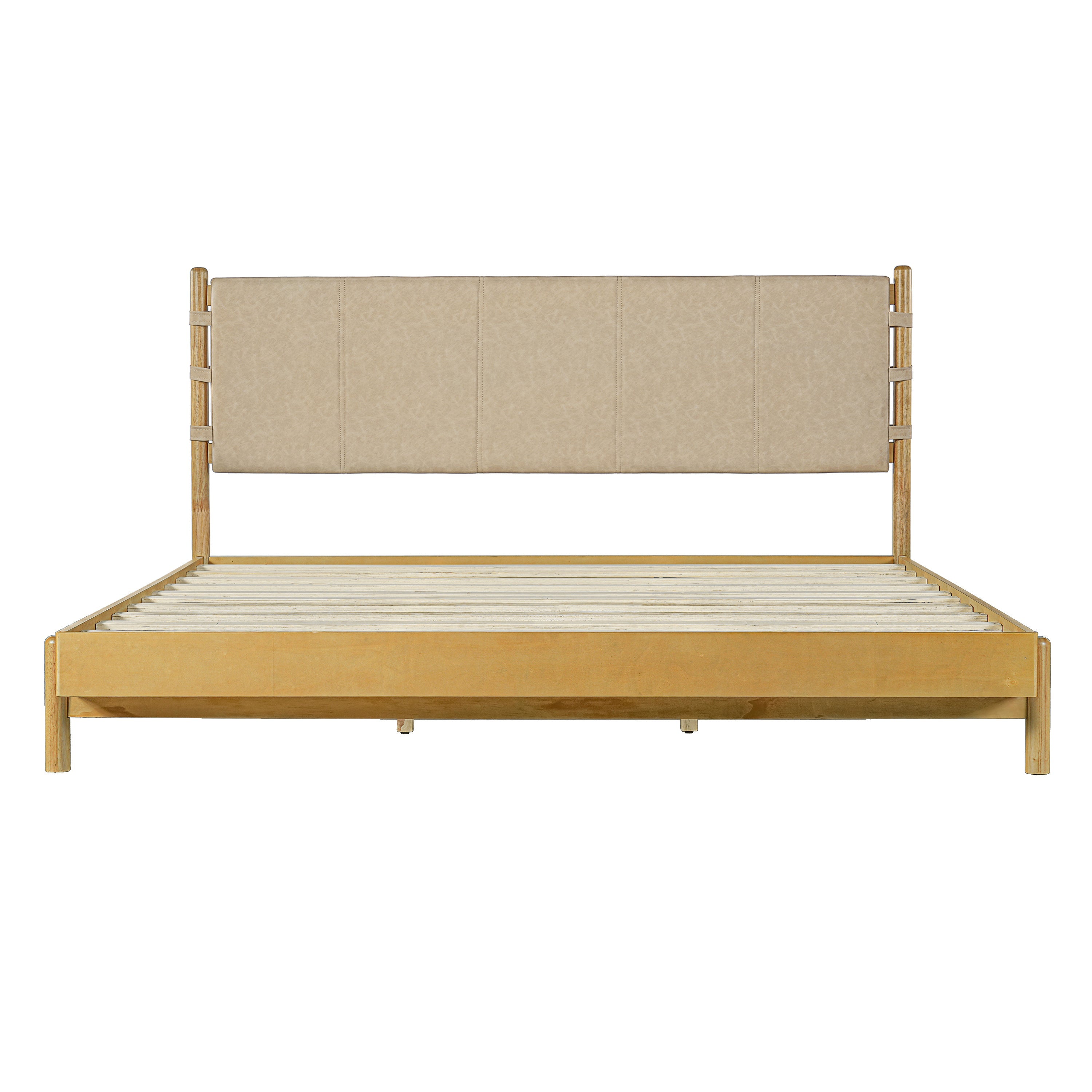 Beige Wood Platform Bed with Headboard and Matching Bedside Tables - 3 Pc Set