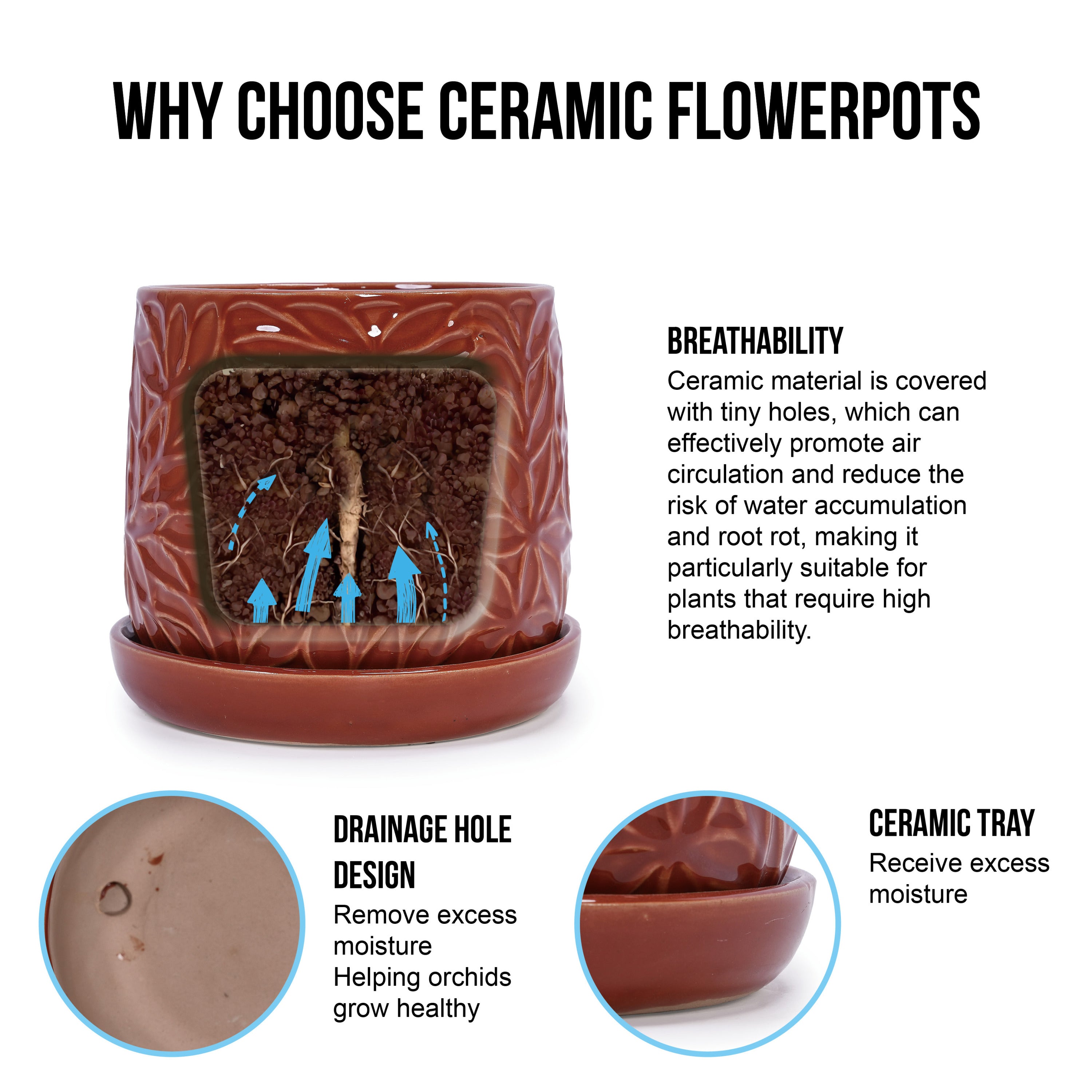 Set of 2 Embossed Ceramic Flowerpots - Red