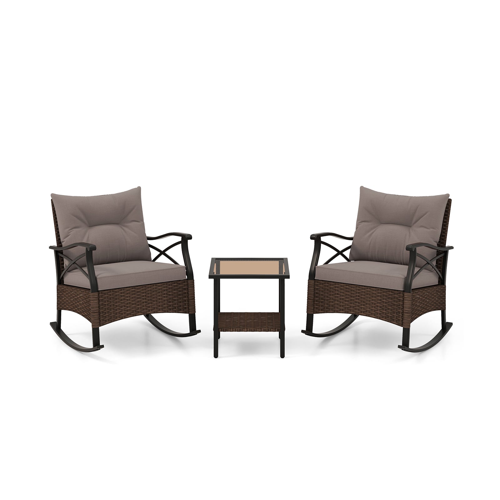3 Piece Outdoor Rattan Rocking Chair Set with Gray Cushions