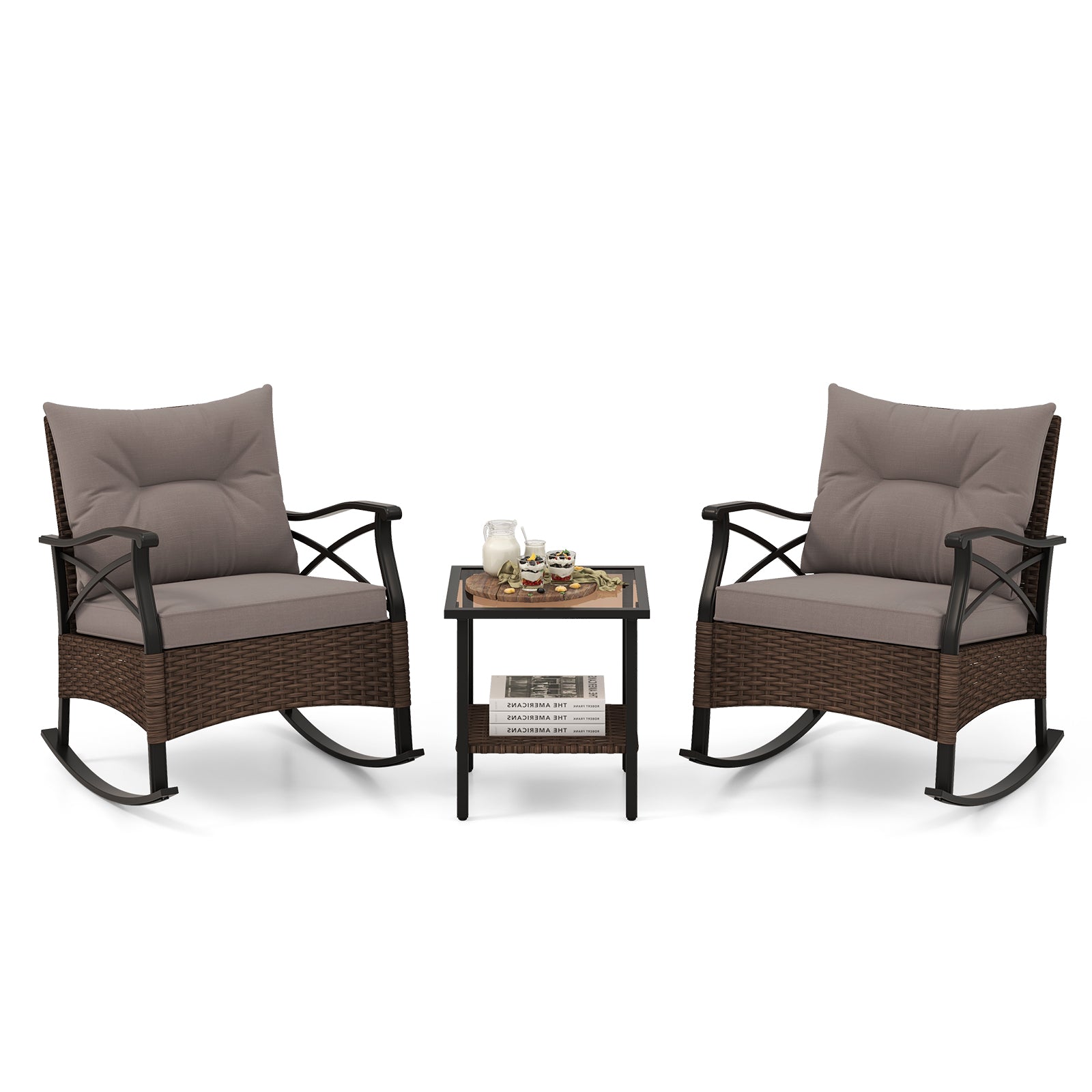 3 Piece Outdoor Rattan Rocking Chair Set with Gray Cushions