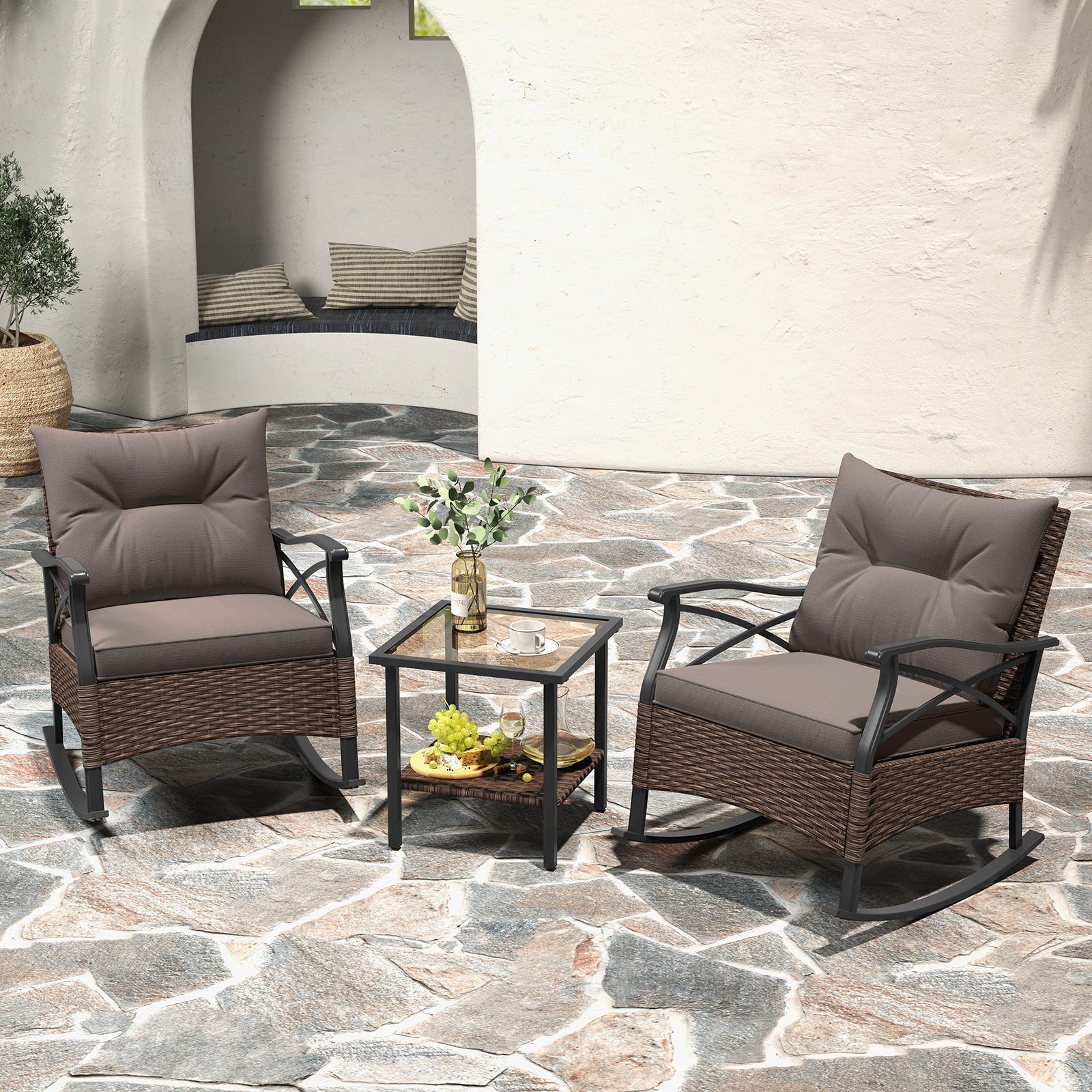 3 Piece Outdoor Rattan Rocking Chair Set with Gray Cushions