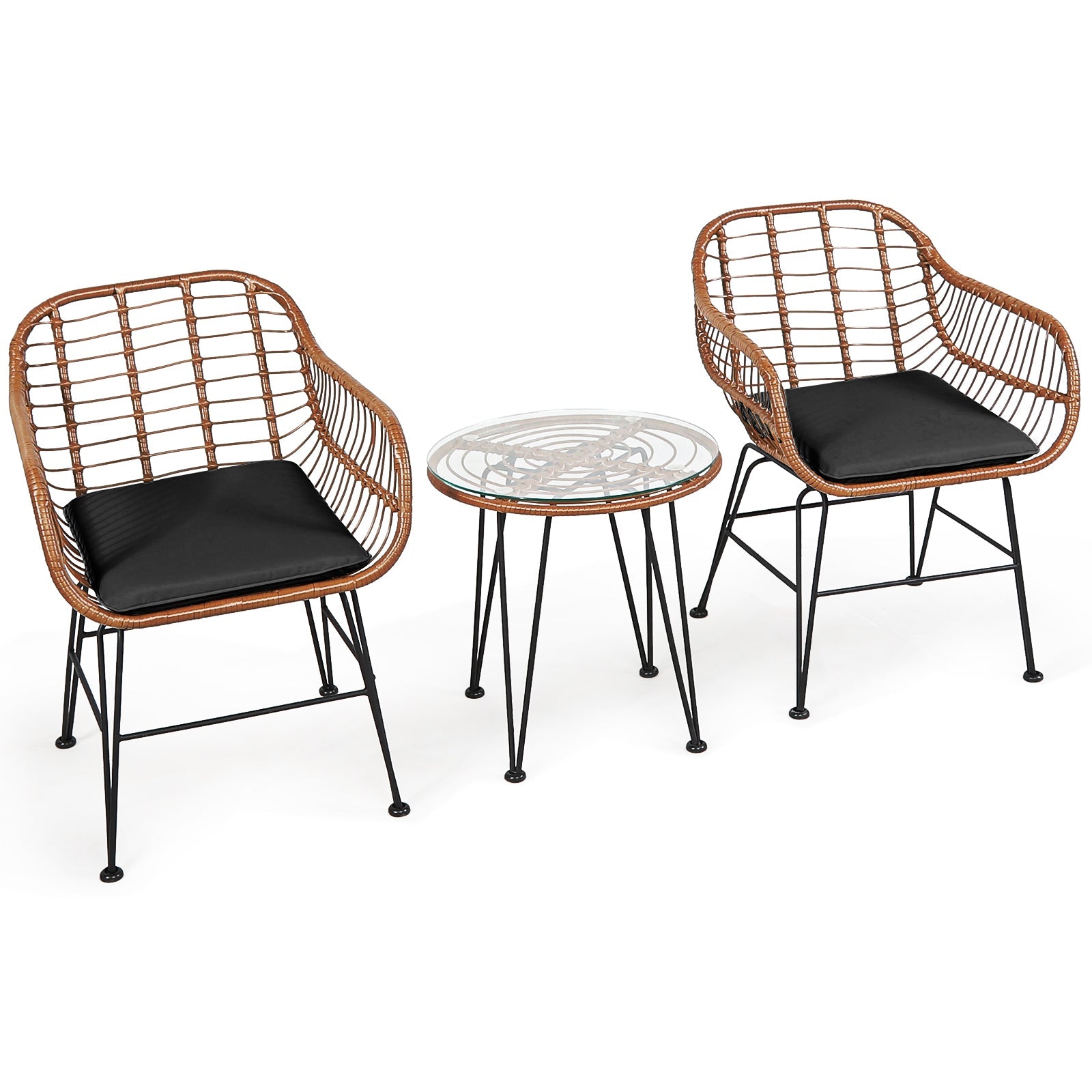 3 Pc Rattan Bistro Set with Black Cushions