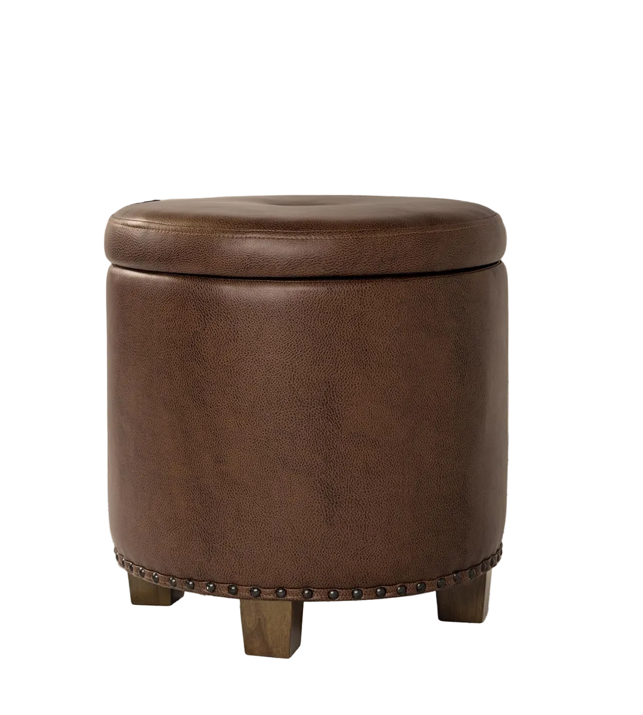 Round Storage Ottoman With Nailhead-Trim Brown Faux Leather