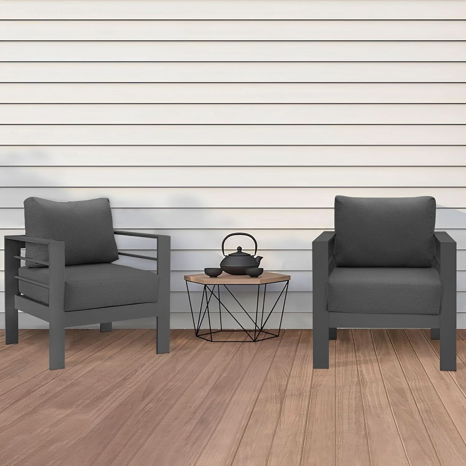 Weather Resistant Metal Armchair Set with Cushions - Dark Gray