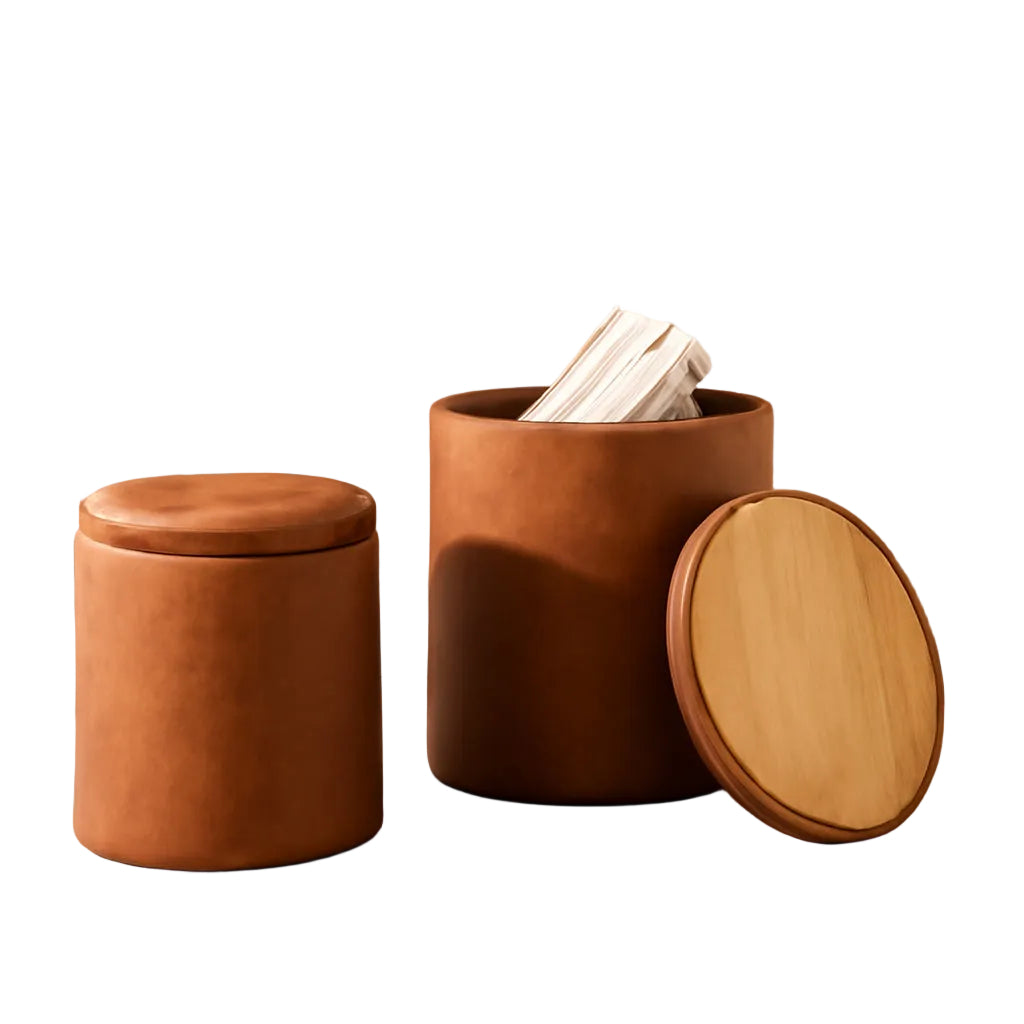 Brown Faux Leather Round Storage Nesting Ottomans - 2 pc Set