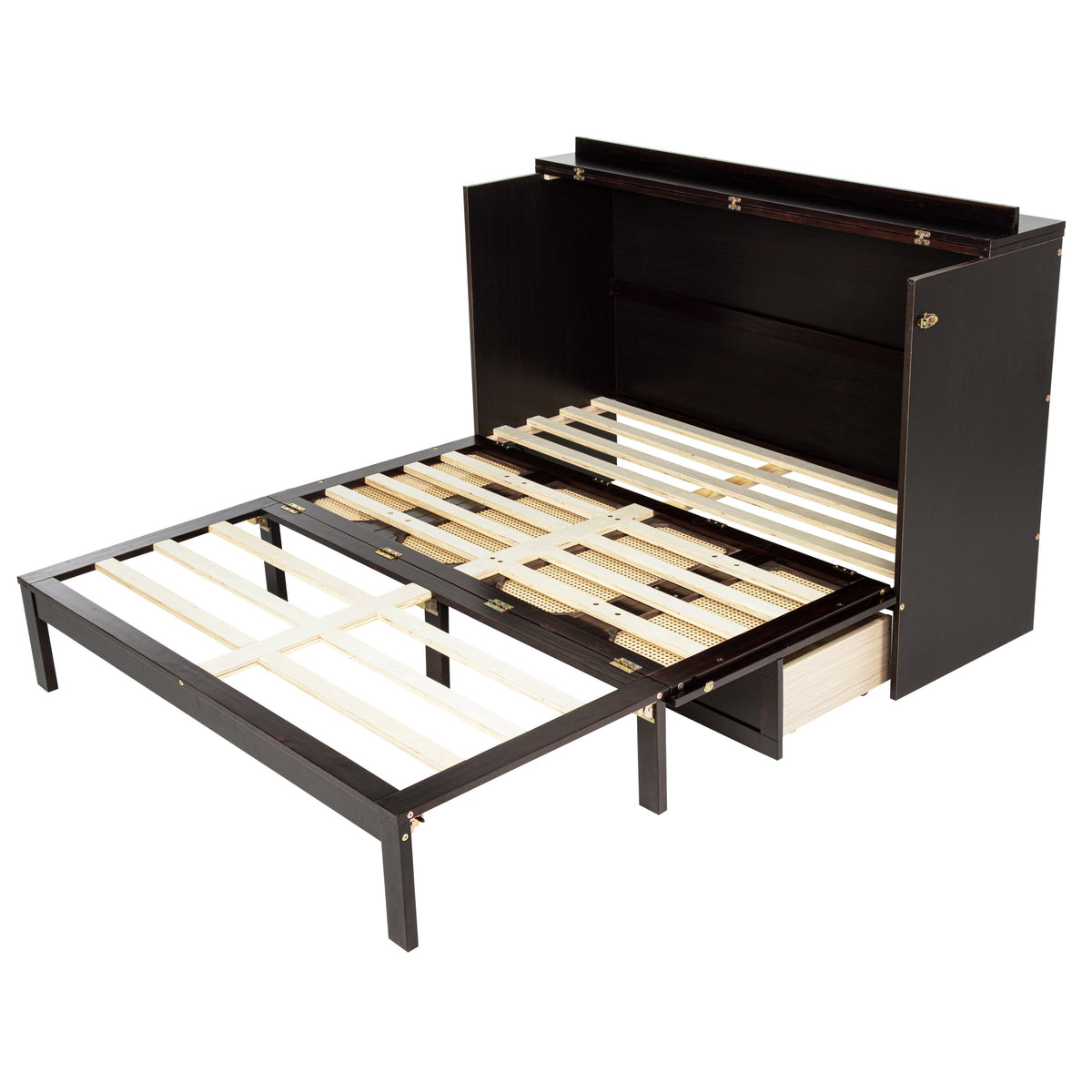 Queen Size Murphy Bed, Pine Wood with Power Station and Rattan Decoration Panel - Espresso