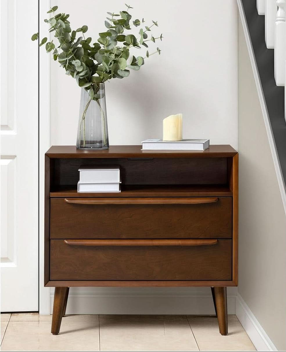 Mid Century Modern Nightstand with Charging Station in Walnut