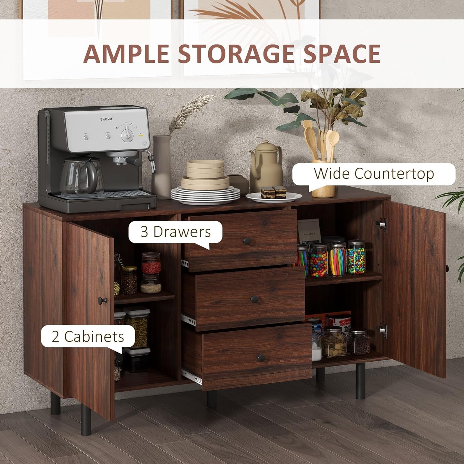 Rustic Brown Sideboard Buffet Cabinet With Three Drawers