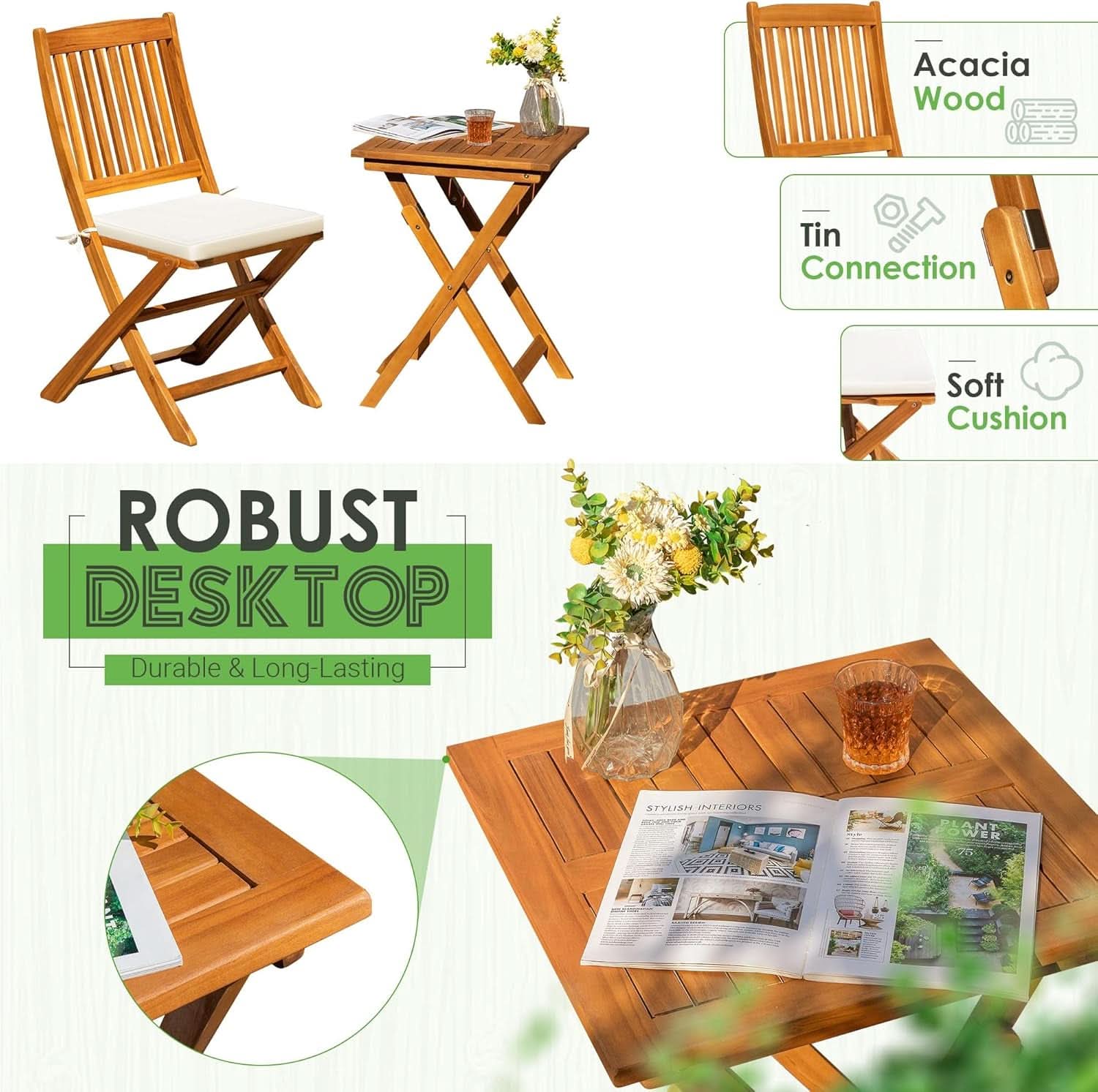3 Piece Outdoor Folding Bistro Set With Cushions - Acacia Wood