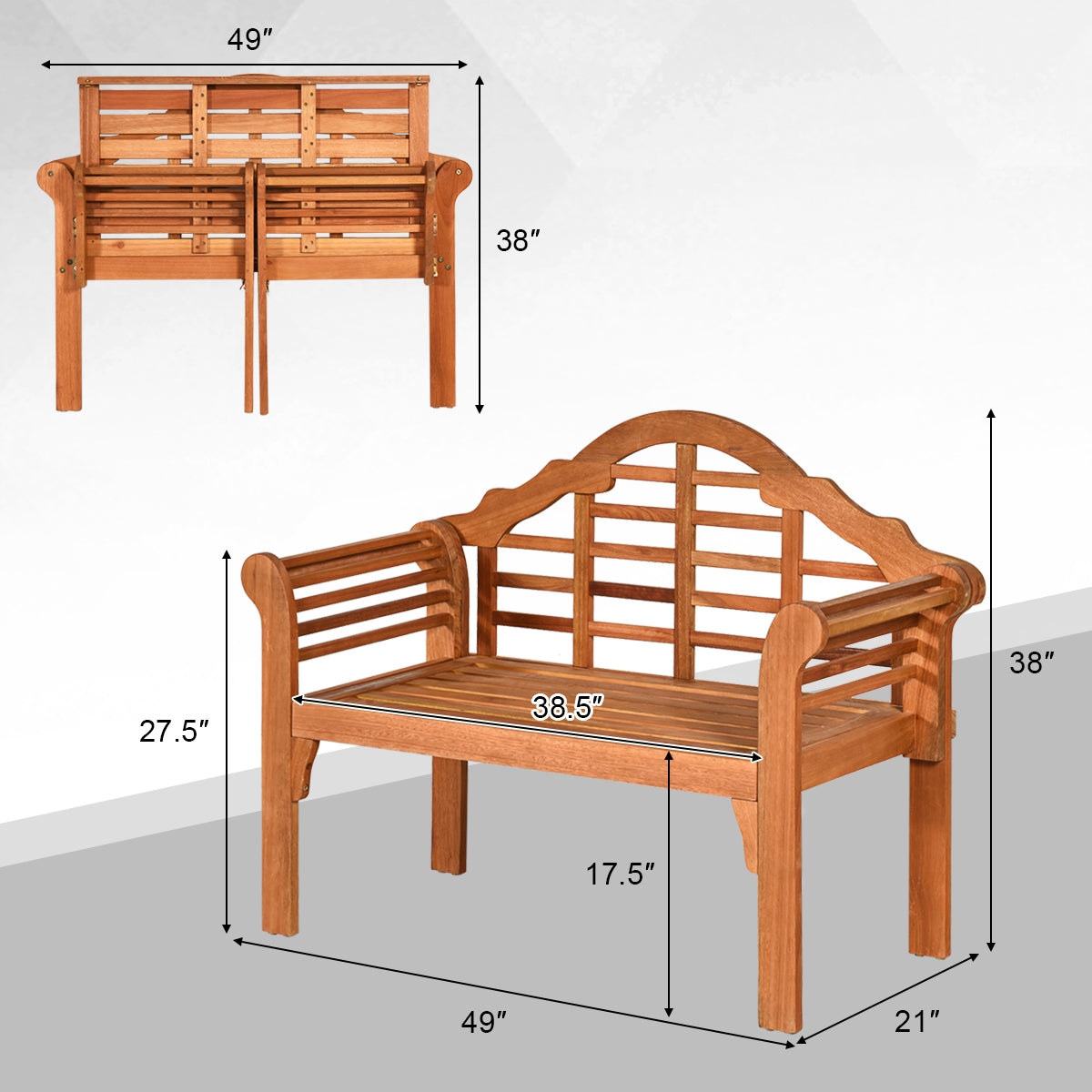 49 Inch Eucalyptus Wood Outdoor Folding Bench with Backrest and Armrests