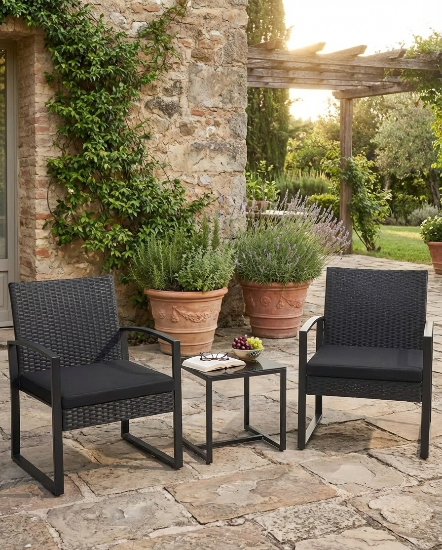 3-Piece Outdoor Patio Furniture Set – Wicker Chairs with Beige or Black Cushions