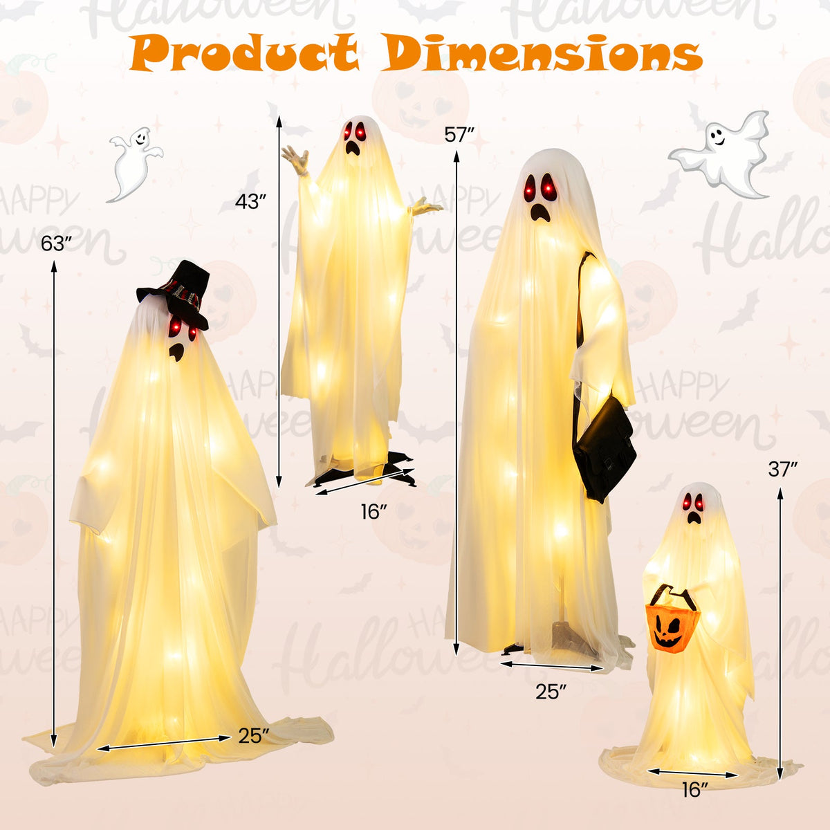 4 Piece LED Ghost Family with Red and Warm White Lights