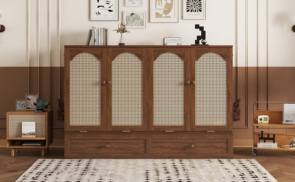 Queen Size Murphy Bed, Pine Wood with Power Station and Rattan Decoration Panel - Walnut