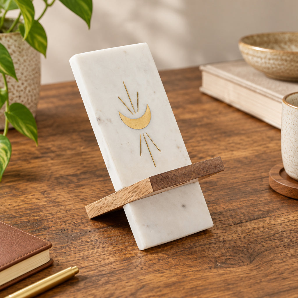 Indukala Moon Phase Phone Stand for Desk - Wood, Marble, Brass
