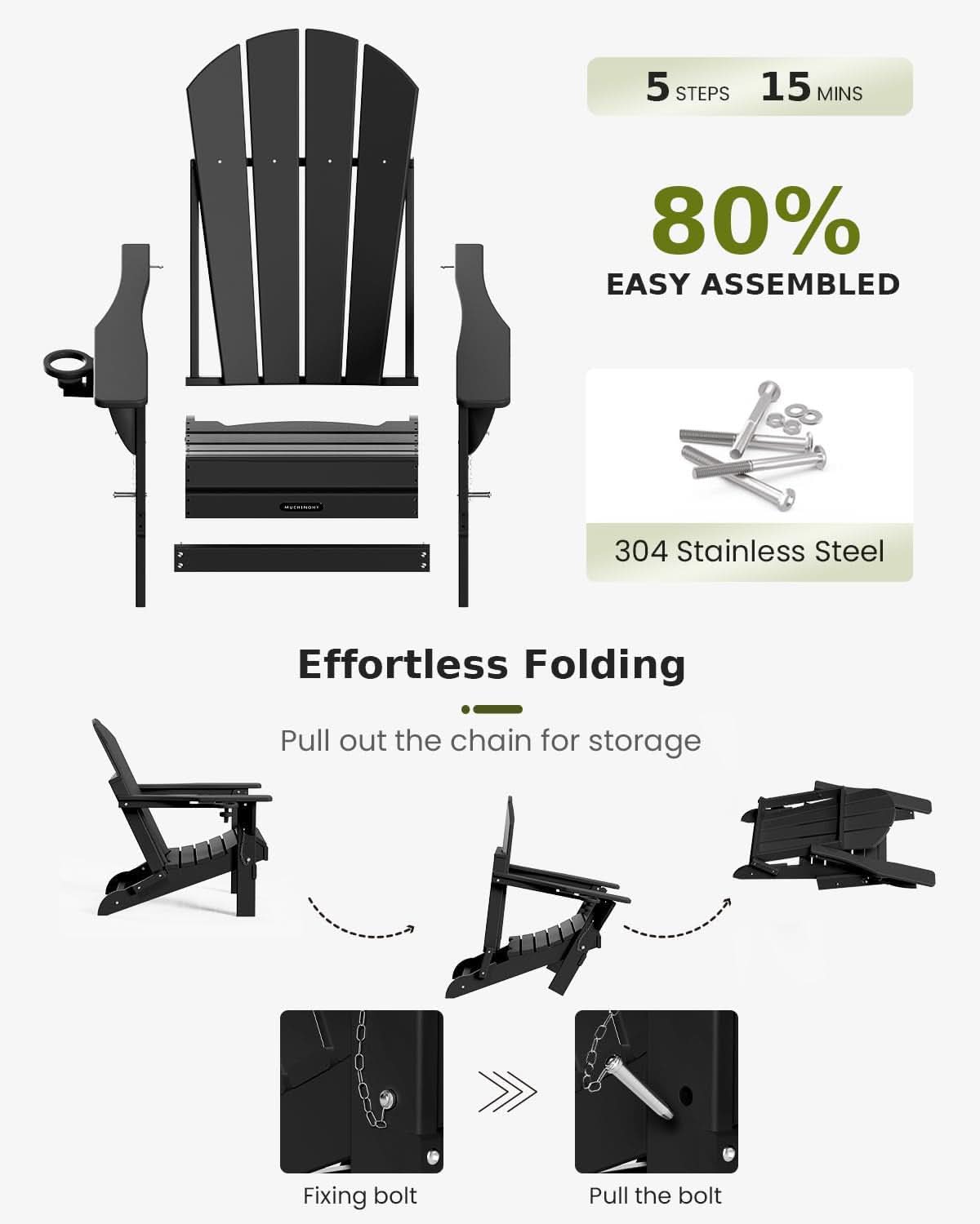 Folding Weather Resistant Adirondack Chairs - Black