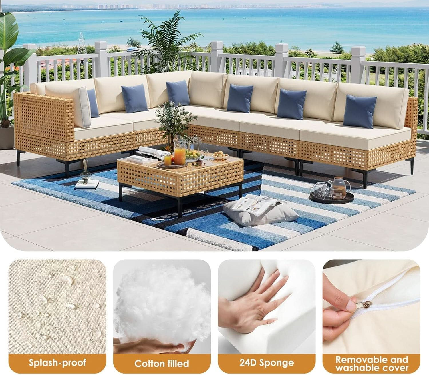 Large 7 Piece Wicker Outdoor Modular Sectional Set - Beige