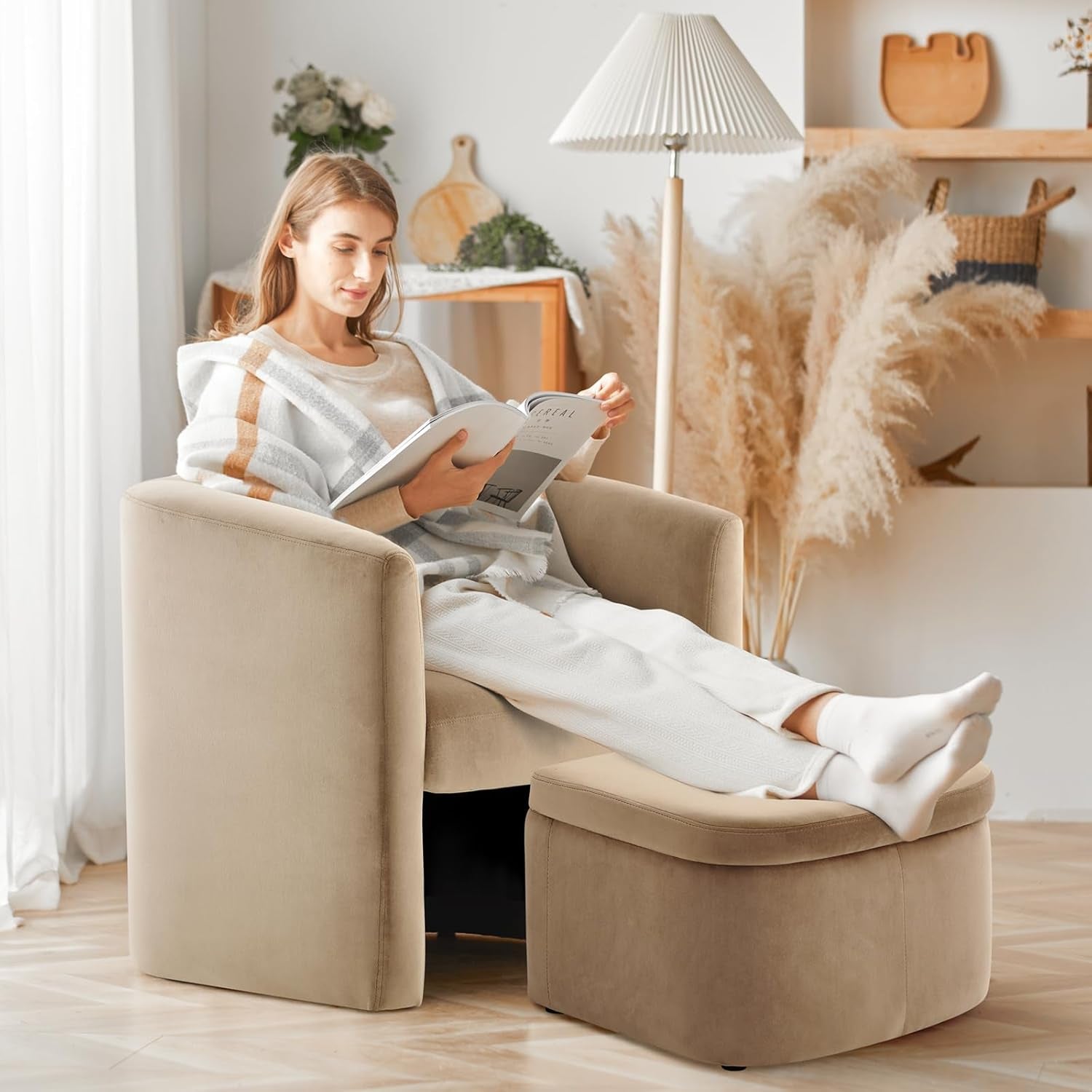 Curved Velvet Accent Chair With Storage Ottoman