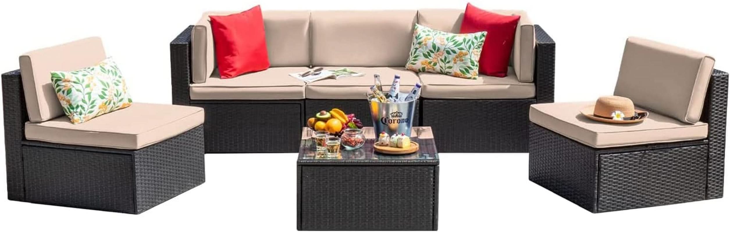 6 Piece Outdoor Rattan Sectional Sofa Set - Beige