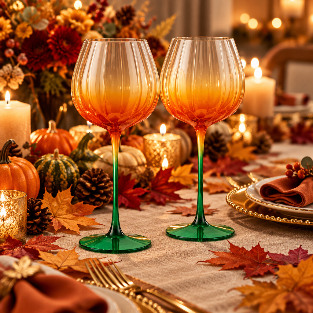 Pumpkin Lightweight Wine Glasses - Set of 2 Orange & Green