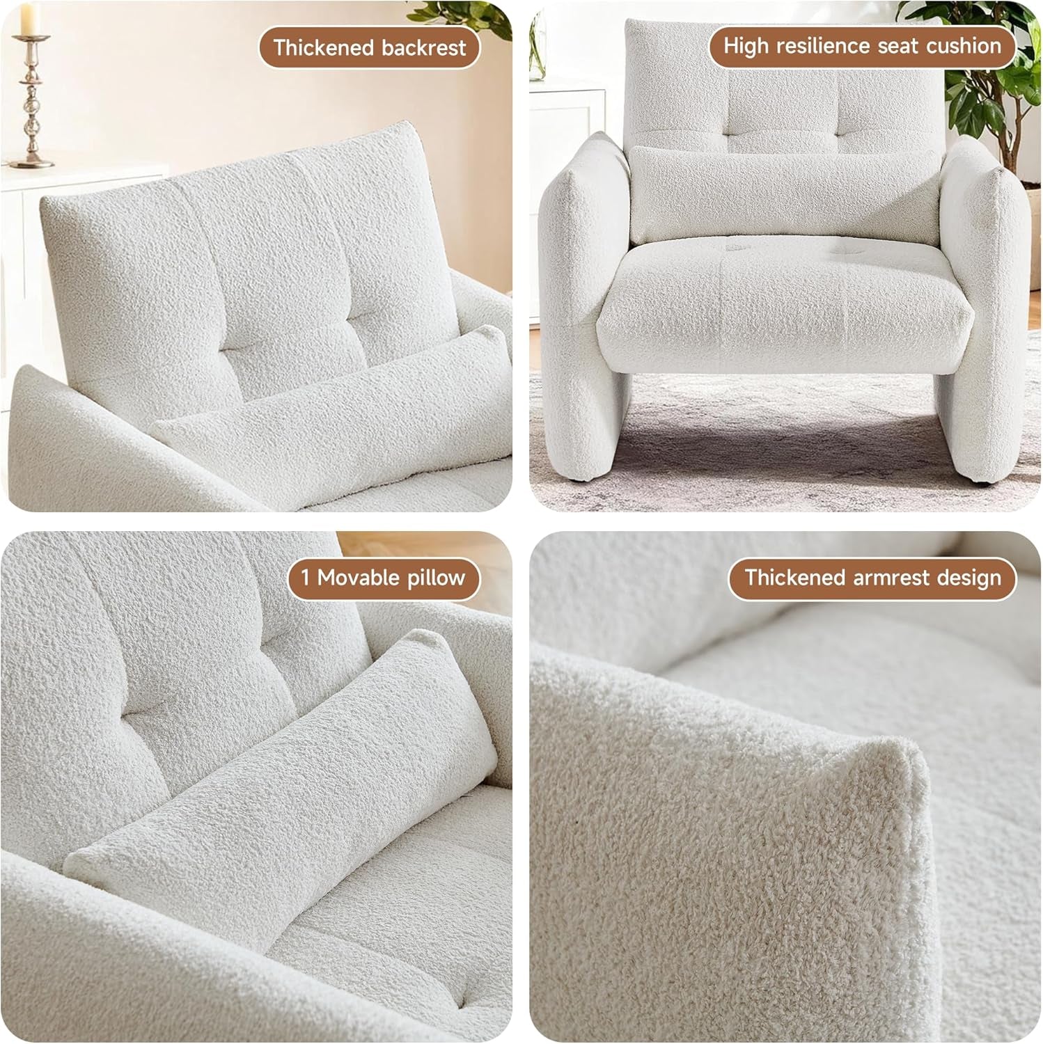 33.9 Inch Sherpa Fabric Upholstered Accent Armchair in Cream