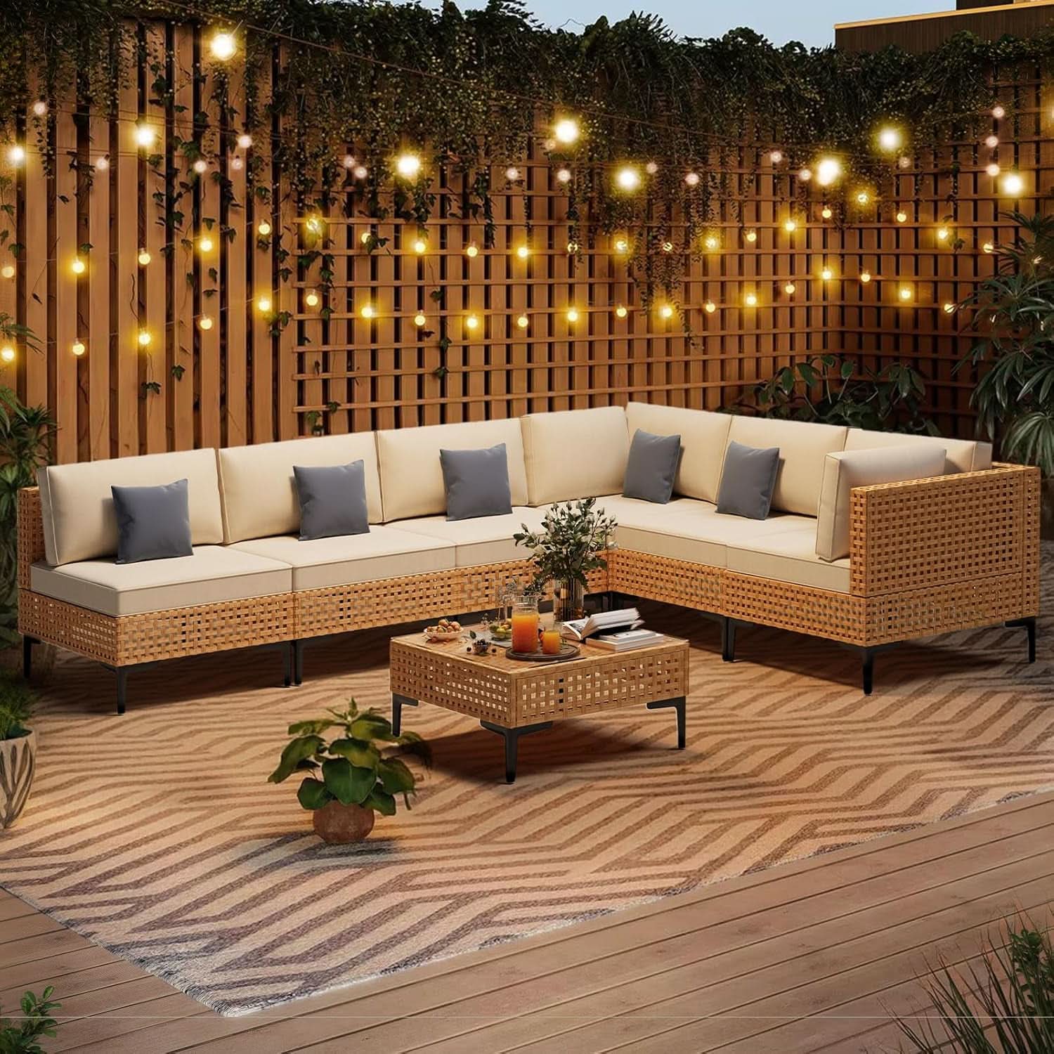 Large 7 Piece Wicker Outdoor Modular Sectional Set - Beige