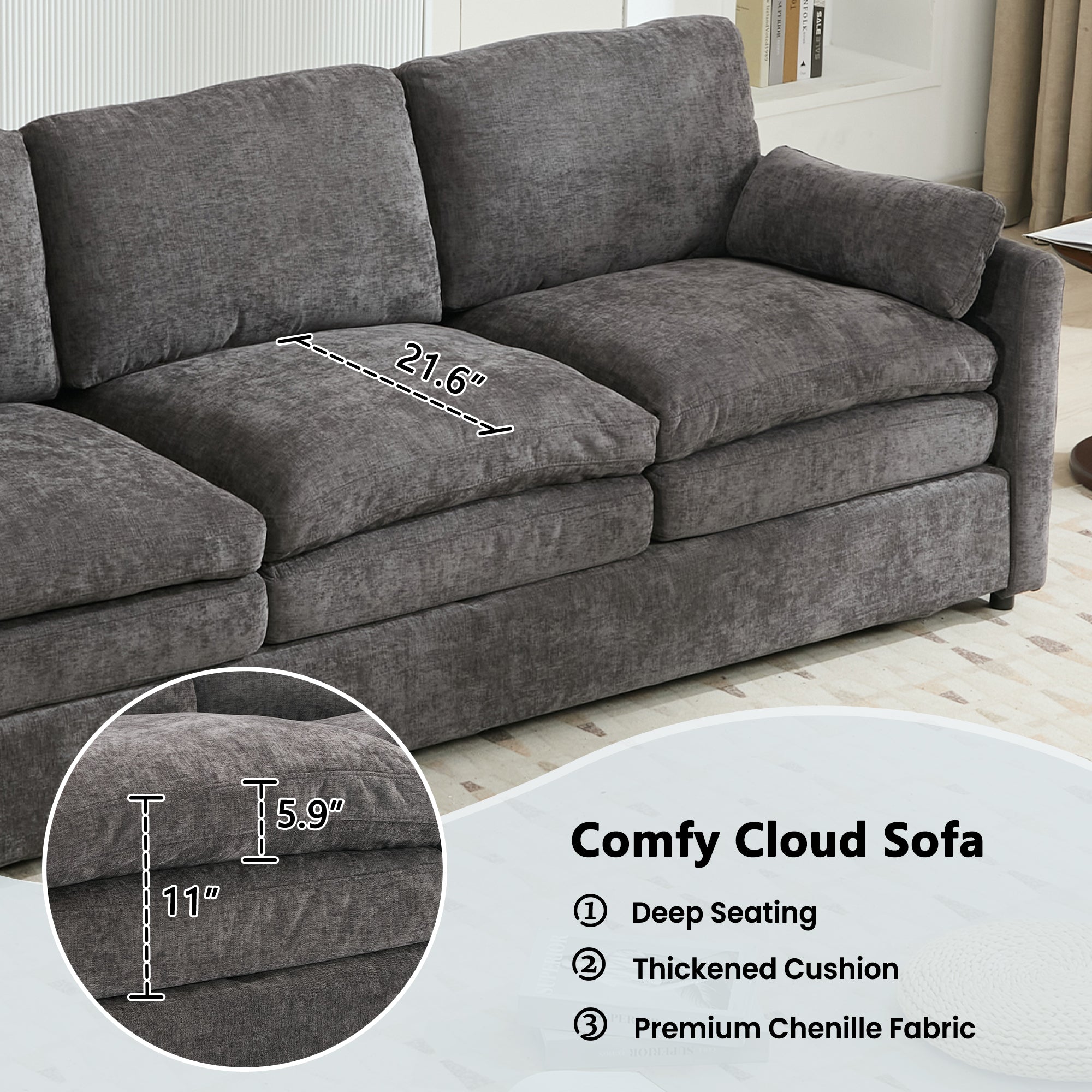 Cozy Upholstered Oversized 3-Seater Cloud Sofa in Dark Gray