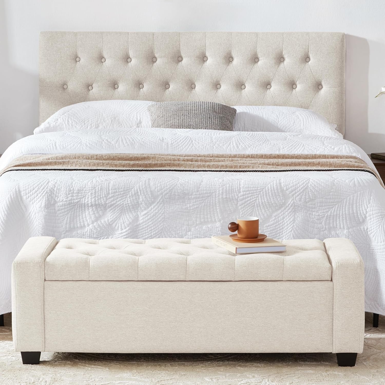 48 Inch Upholstered Storage Bench in Cream