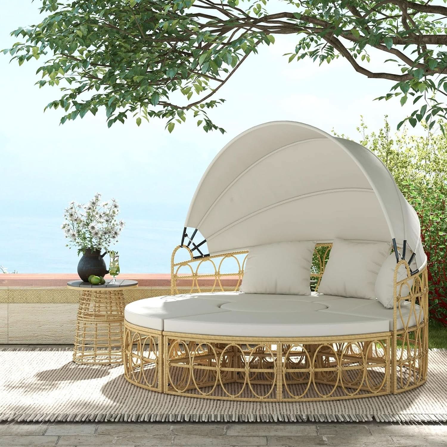 Round Outdoor Daybed Set with Canopy and Cushions - Beige