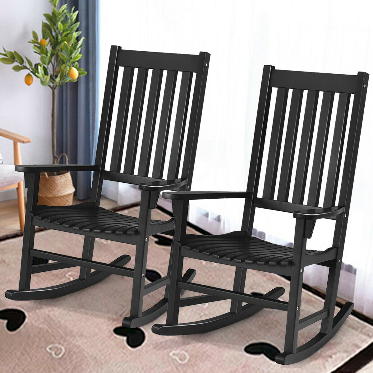 Indoor/Outdoor Wooden High Back Rocking Chair - Black, Natural, White