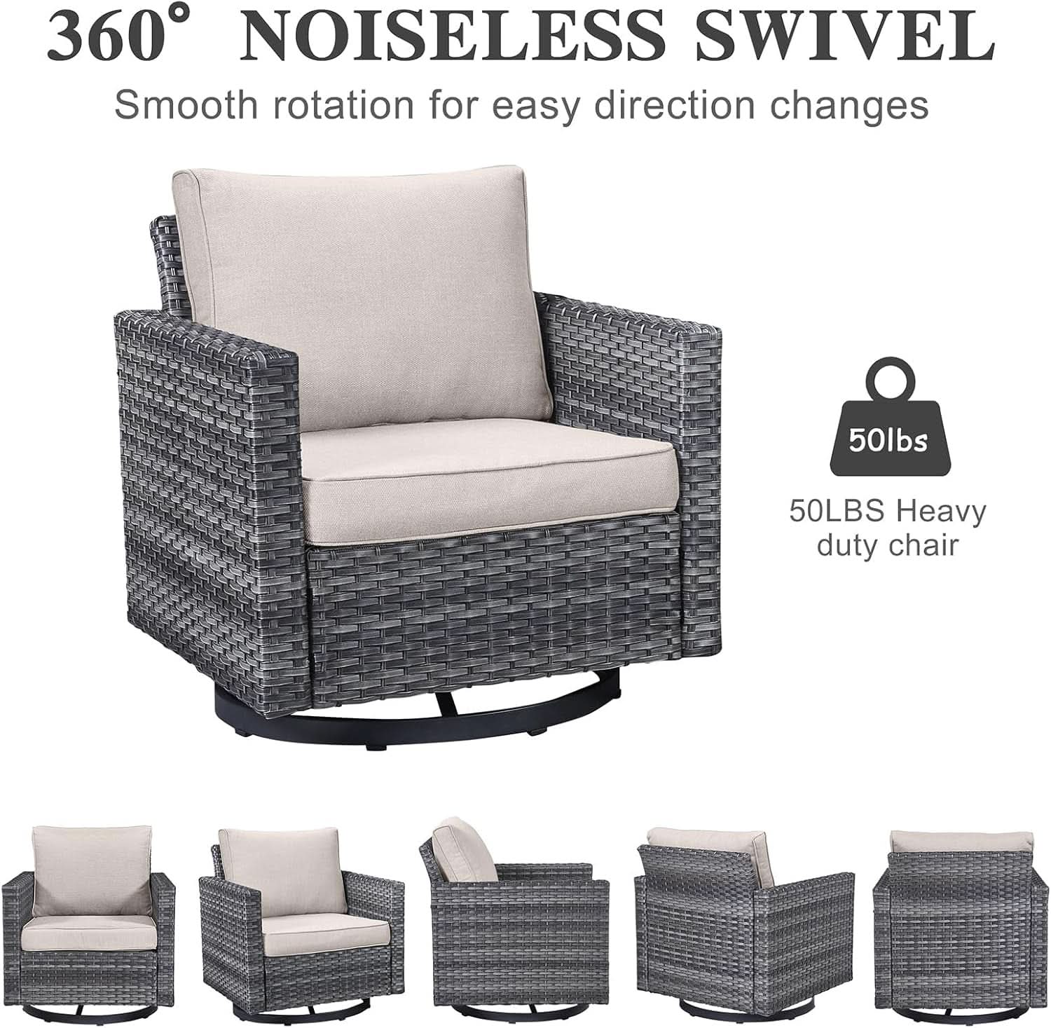Oversize Outdoor Wicker Patio Sofa Set With 2 Swivel Chairs, 2 Ottomans, and Coffee Table in Grey/Beige