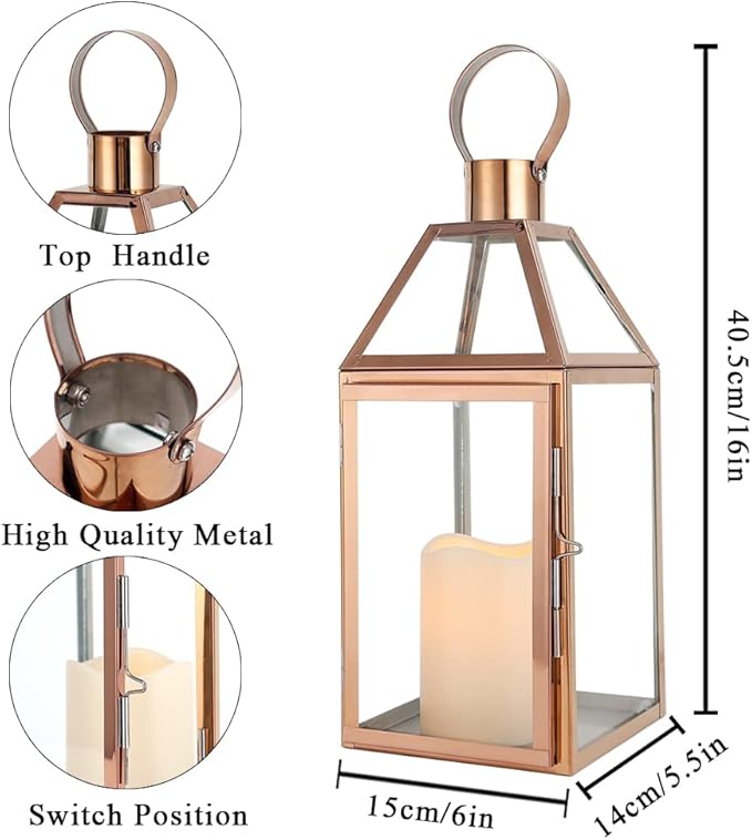 Rose Gold Stainless Steel Candle Lantern with Tempered Glass