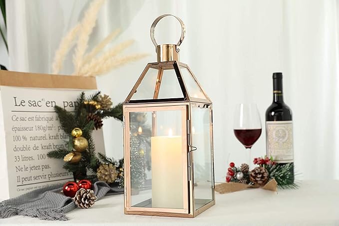 Rose Gold Stainless Steel Candle Lantern with Tempered Glass