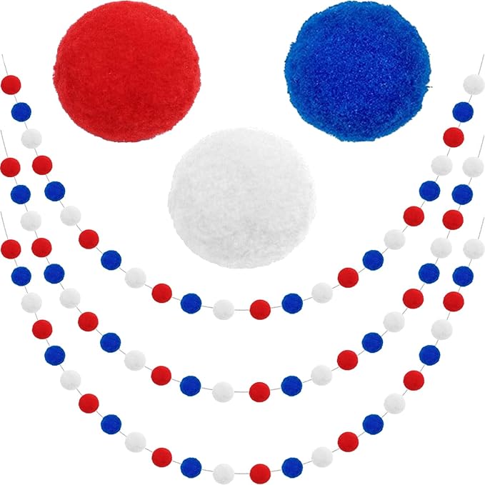 Patriotic Red White Blue Felt Ball Garland - Set of 3, 6.6ft Each