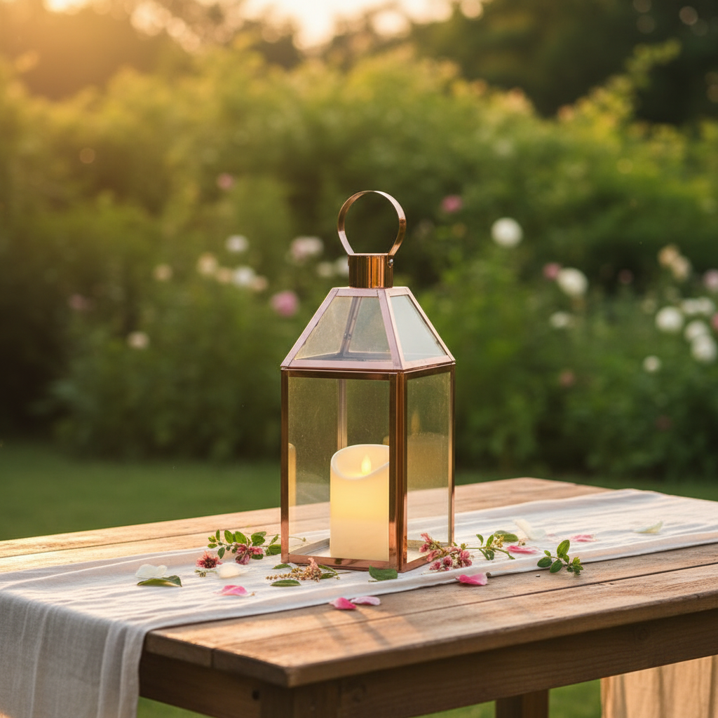 Rose Gold Stainless Steel Candle Lantern with Tempered Glass