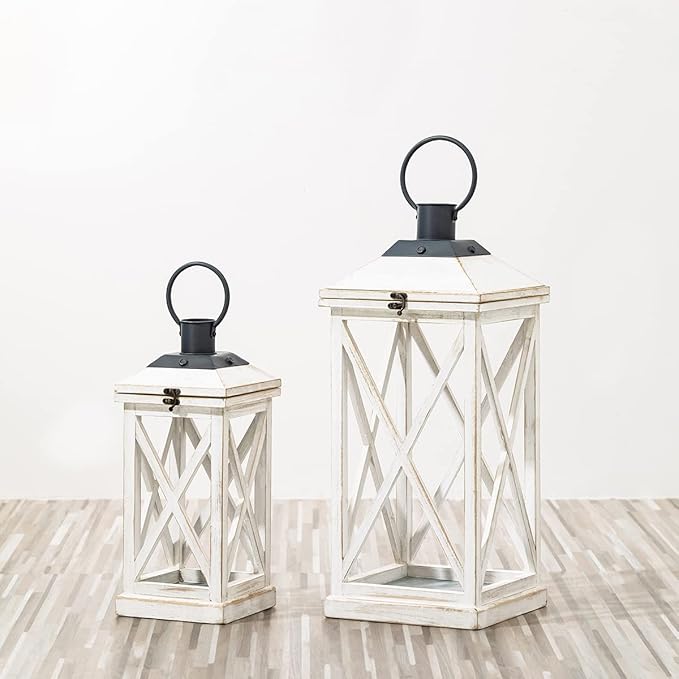 Set of 2 Modern Farmhouse Wooden Outdoor Lanterns - White (No Glass)
