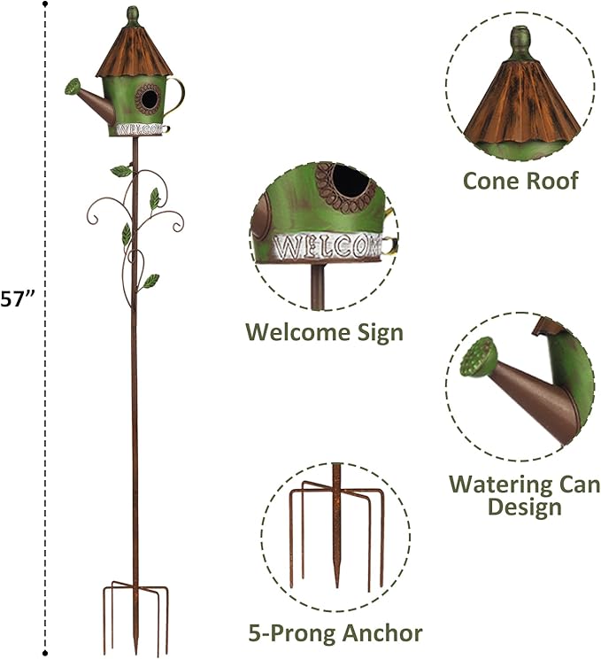 BAYN 57” Metal Watering Can Birdhouse Garden Stake