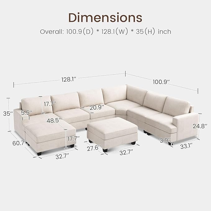 Nolany Sectional Couch with Storage Ottoman in Beige Corduroy