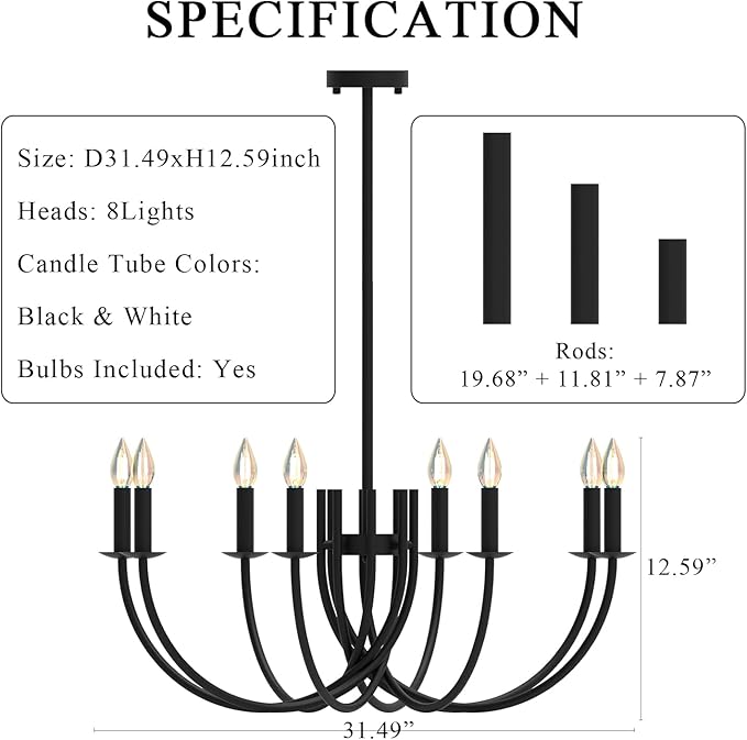 Large Black Candelabra Chandelier - 8 Lights