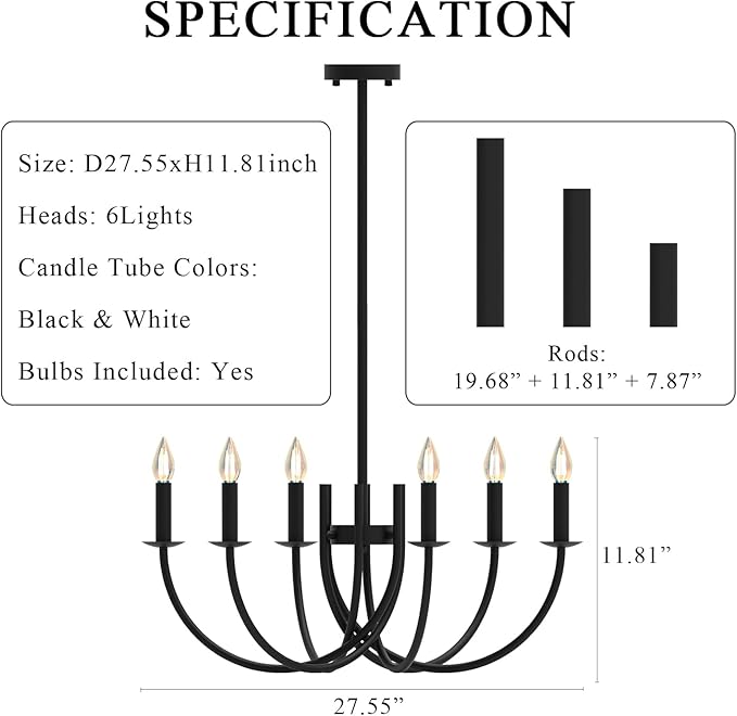 Deep Curved Black Round Candlabra Chandelier - 6 Lights