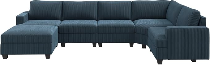 Nolany Sectional Sofa with Storage Ottoman in Blue Corduroy