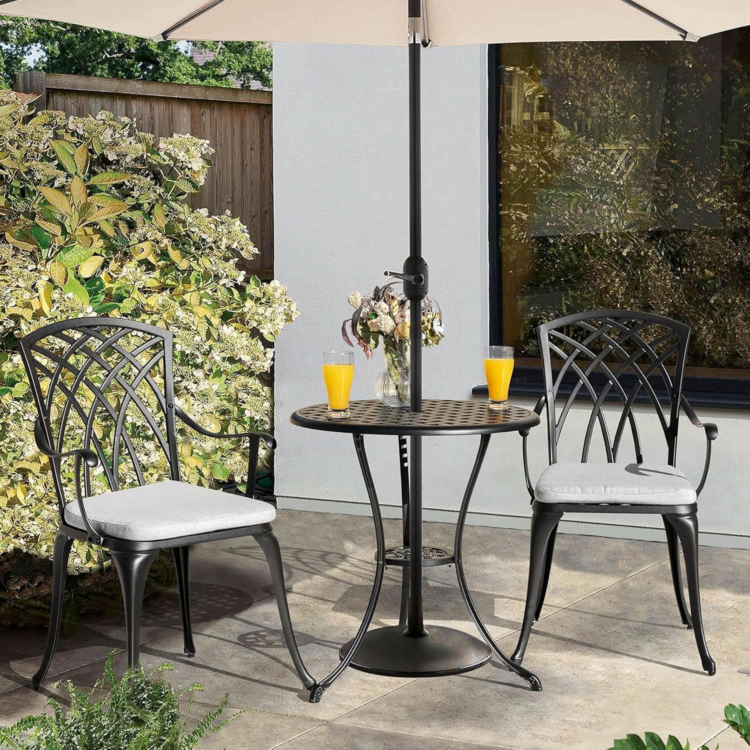 3 Piece Outdoor Cast Aluminum Bistro Set - Black with Gray Cushions