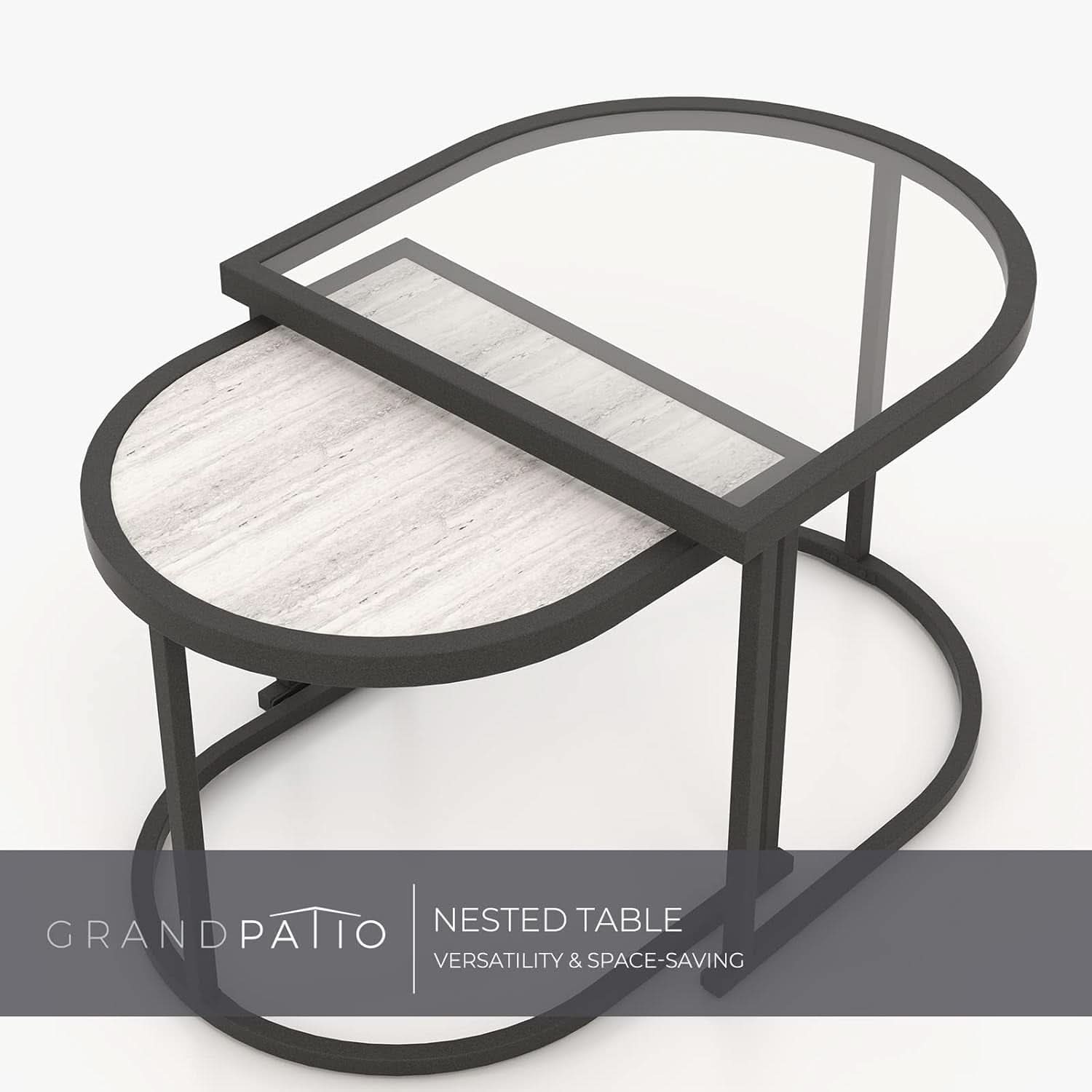 Outdoor Wicker Conversation Set With 2 Chairs and 2 Nesting Tables in Black and Greige