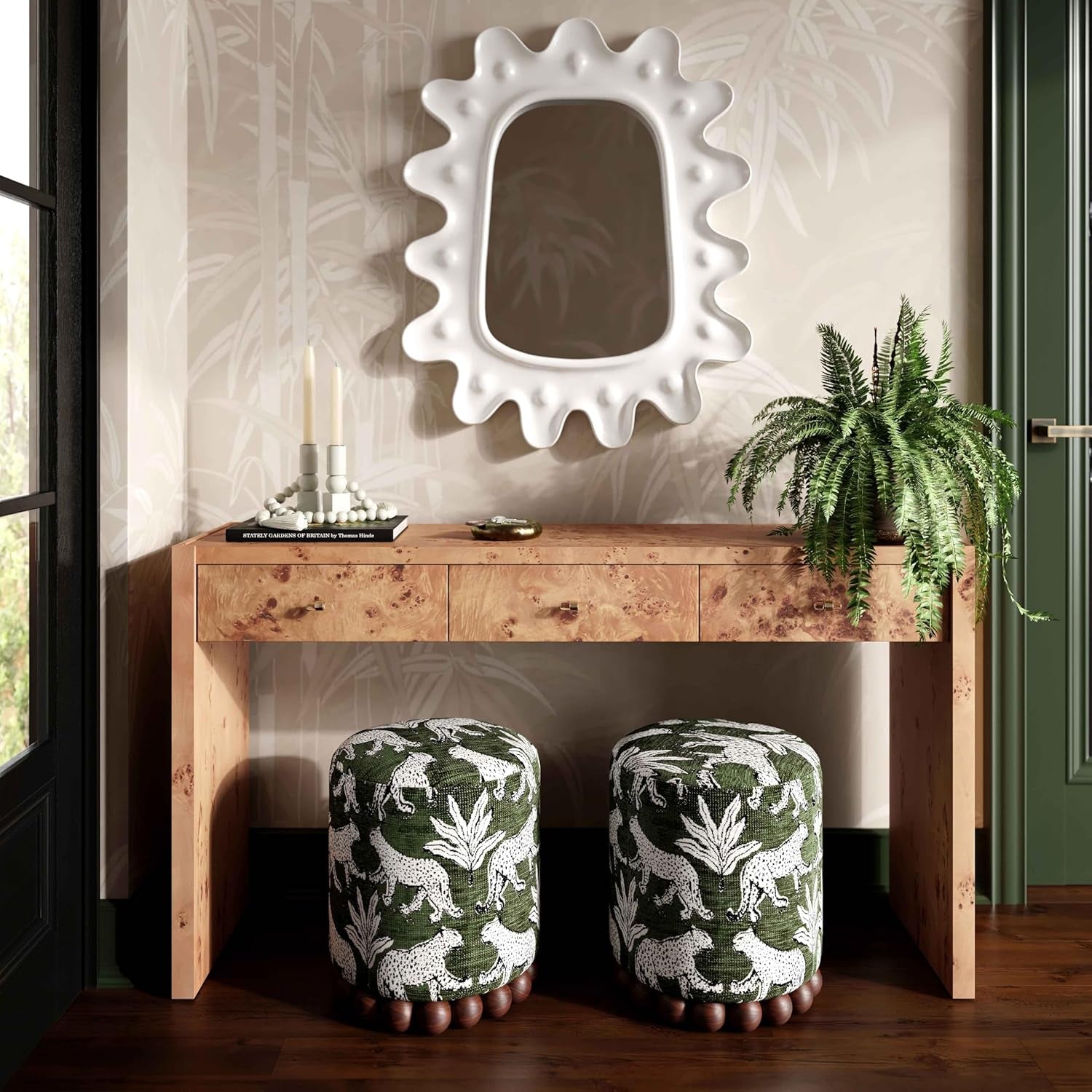 Green Leopard Jacquard Ottoman